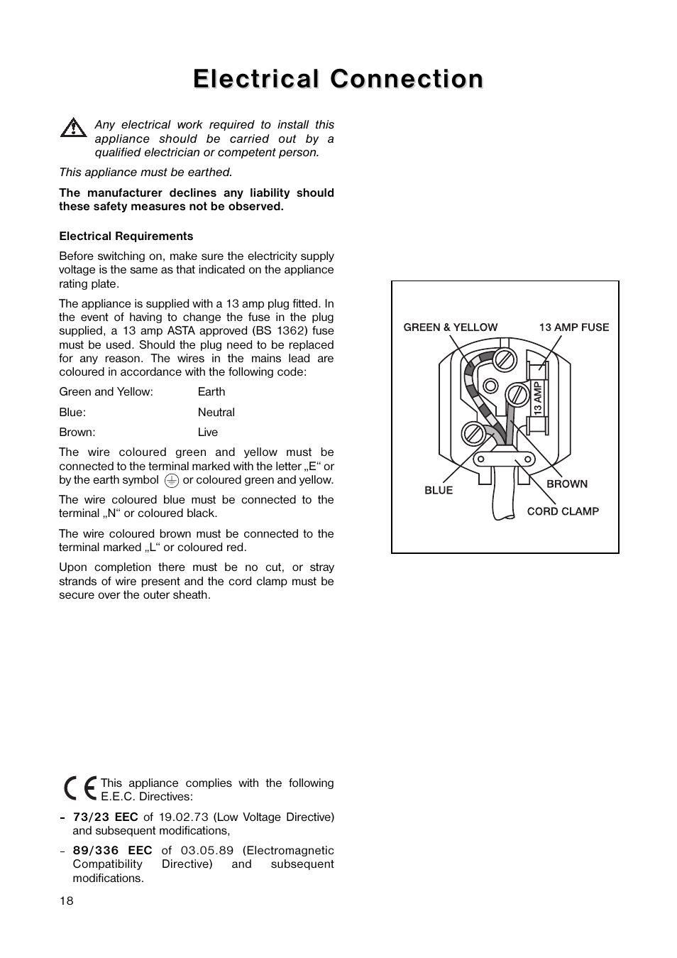 Electrical connection | Tricity Bendix TB 117 FF User Manual | Page 18 / 20