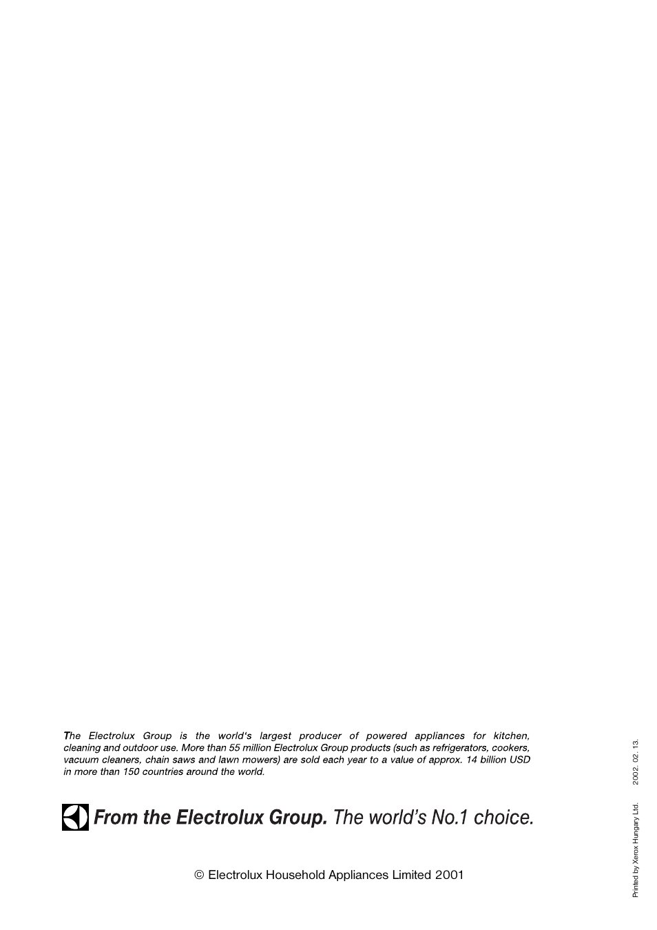 Electrolux household appliances limited 2001 | Tricity Bendix TB 117 FF User Manual | Page 20 / 20