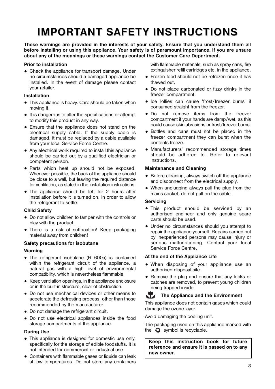 Impor | Tricity Bendix TB 117 FF User Manual | Page 3 / 20