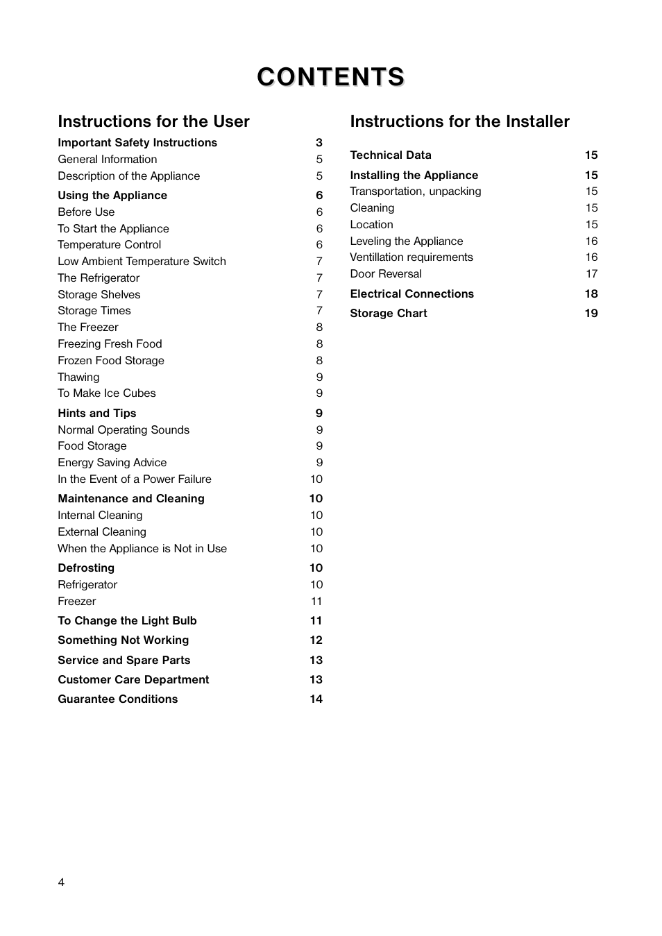 Content, Content s s, Instructions for the user | Instructions for the installer | Tricity Bendix TB 117 FF User Manual | Page 4 / 20