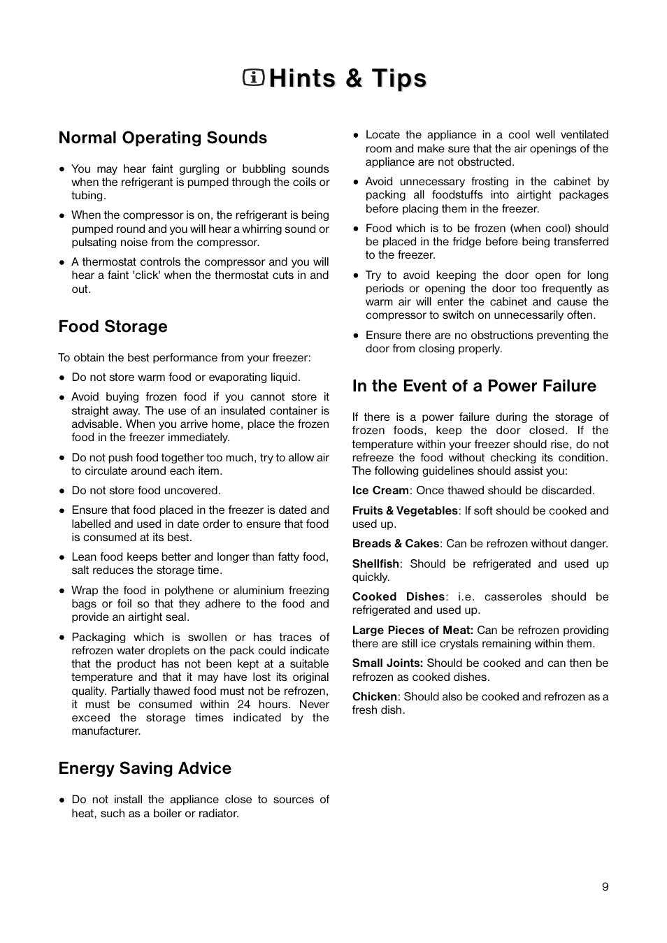 Hints & t, Hints & t ips ips, Normal operating sounds | Food storage, Energy saving advice | Tricity Bendix TB 117 FF User Manual | Page 9 / 20