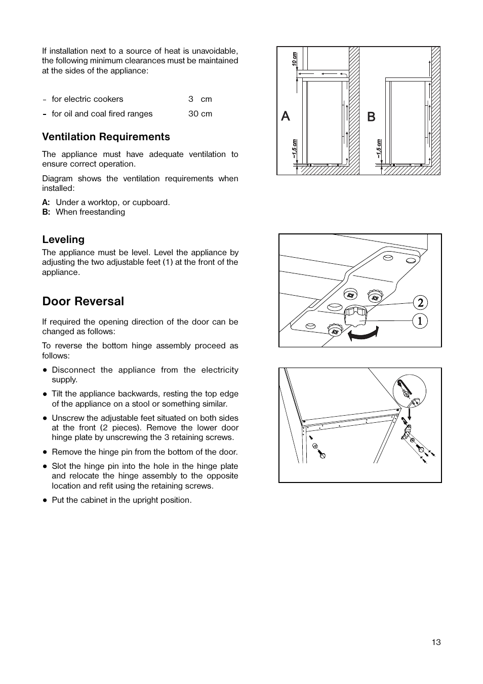 Door reversal, Ventilation requirements, Leveling | Tricity Bendix TB 56 R User Manual | Page 13 / 20