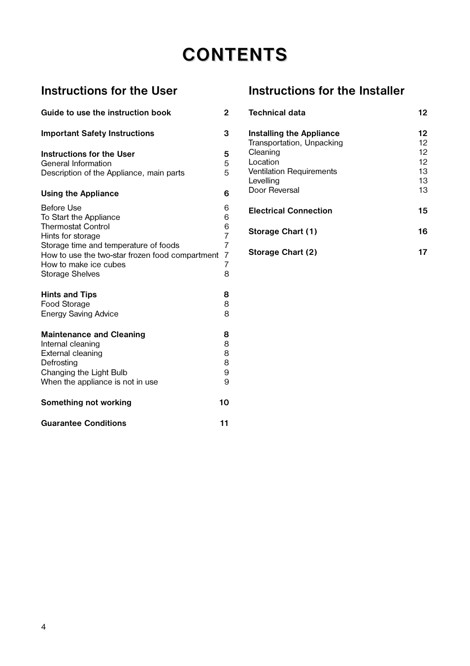 Content, Content s s, Instructions for the user | Instructions for the installer | Tricity Bendix TB 56 R User Manual | Page 4 / 20