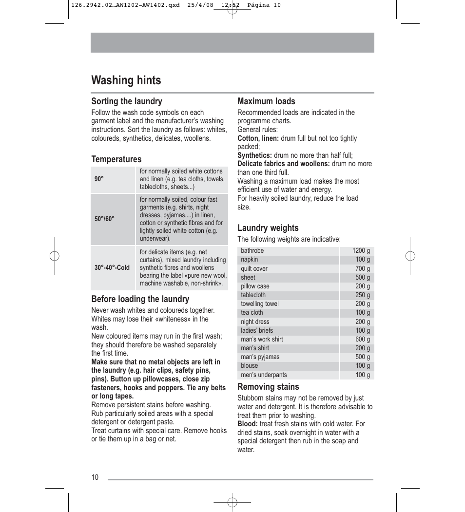 Washing hints, Sorting the laundry, Temperatures before loading the laundry | Maximum loads, Laundry weights, Removing stains | Tricity Bendix AW1402W User Manual | Page 10 / 32