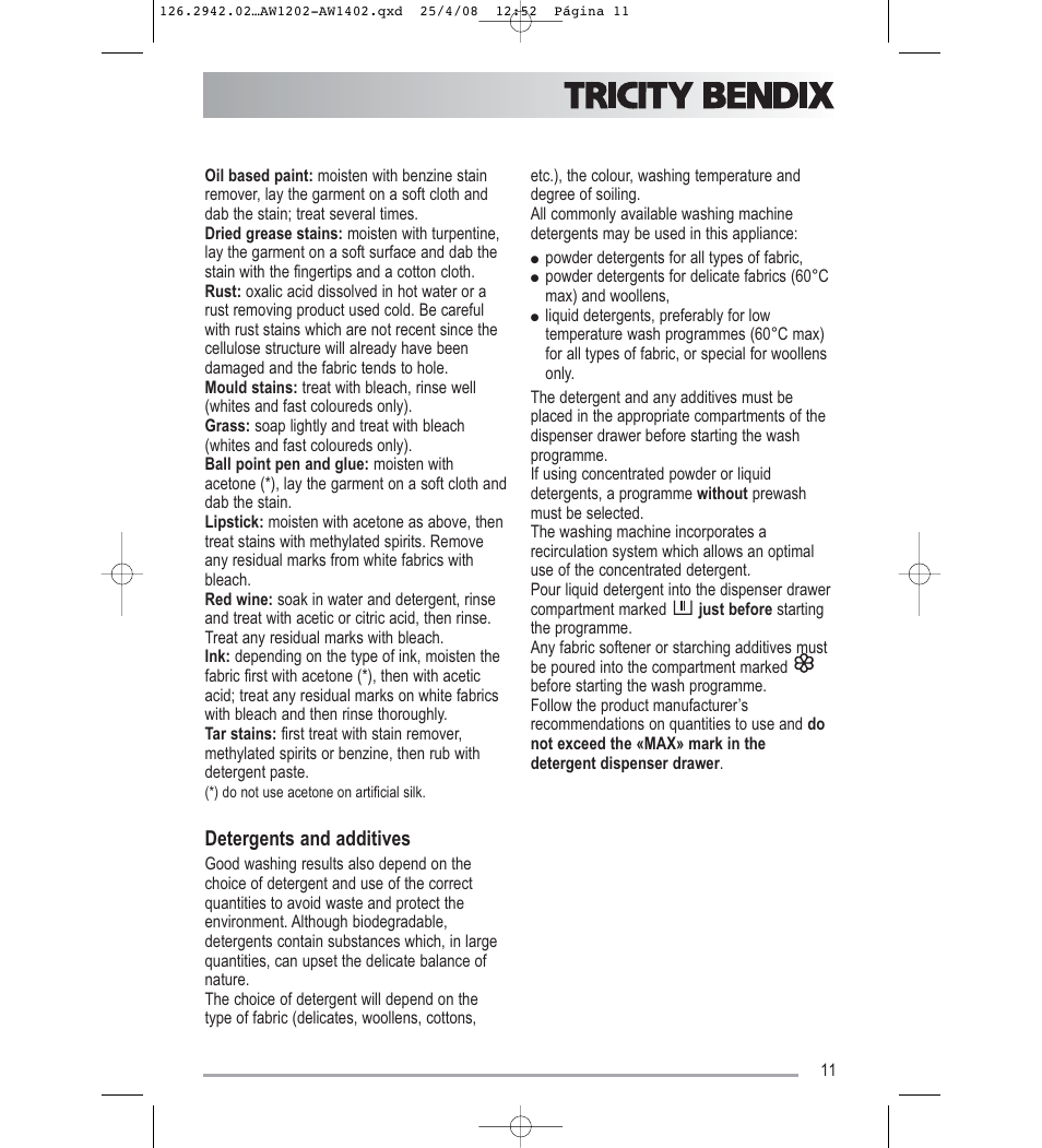 Detergents and additives | Tricity Bendix AW1402W User Manual | Page 11 / 32