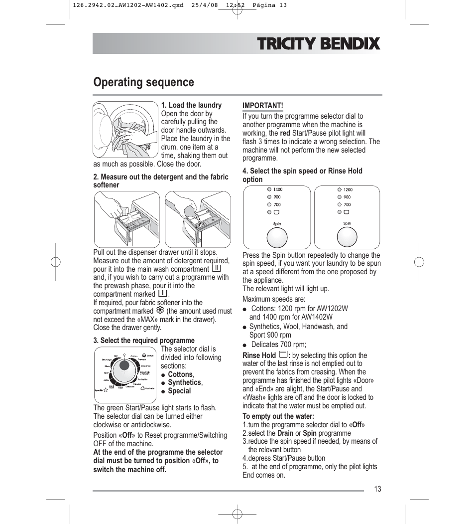Operating sequence | Tricity Bendix AW1402W User Manual | Page 13 / 32