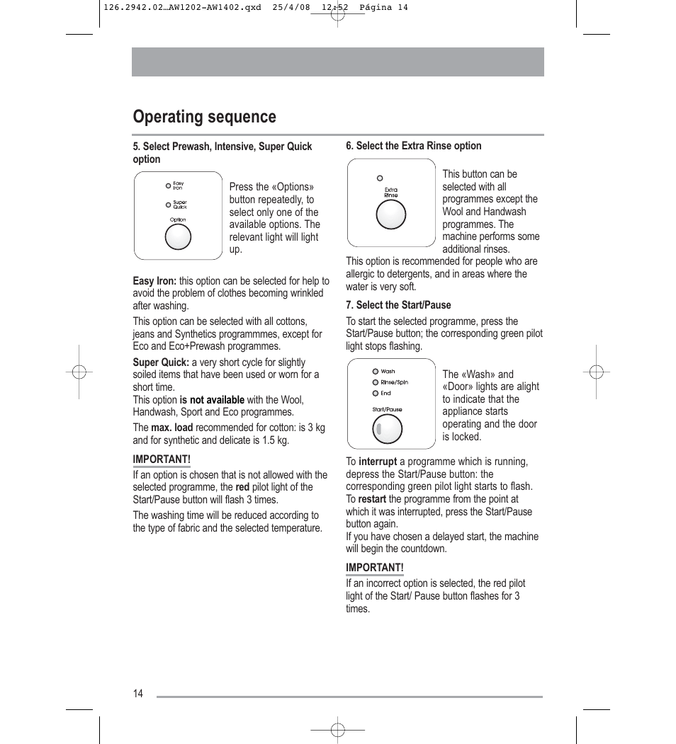 Operating sequence | Tricity Bendix AW1402W User Manual | Page 14 / 32