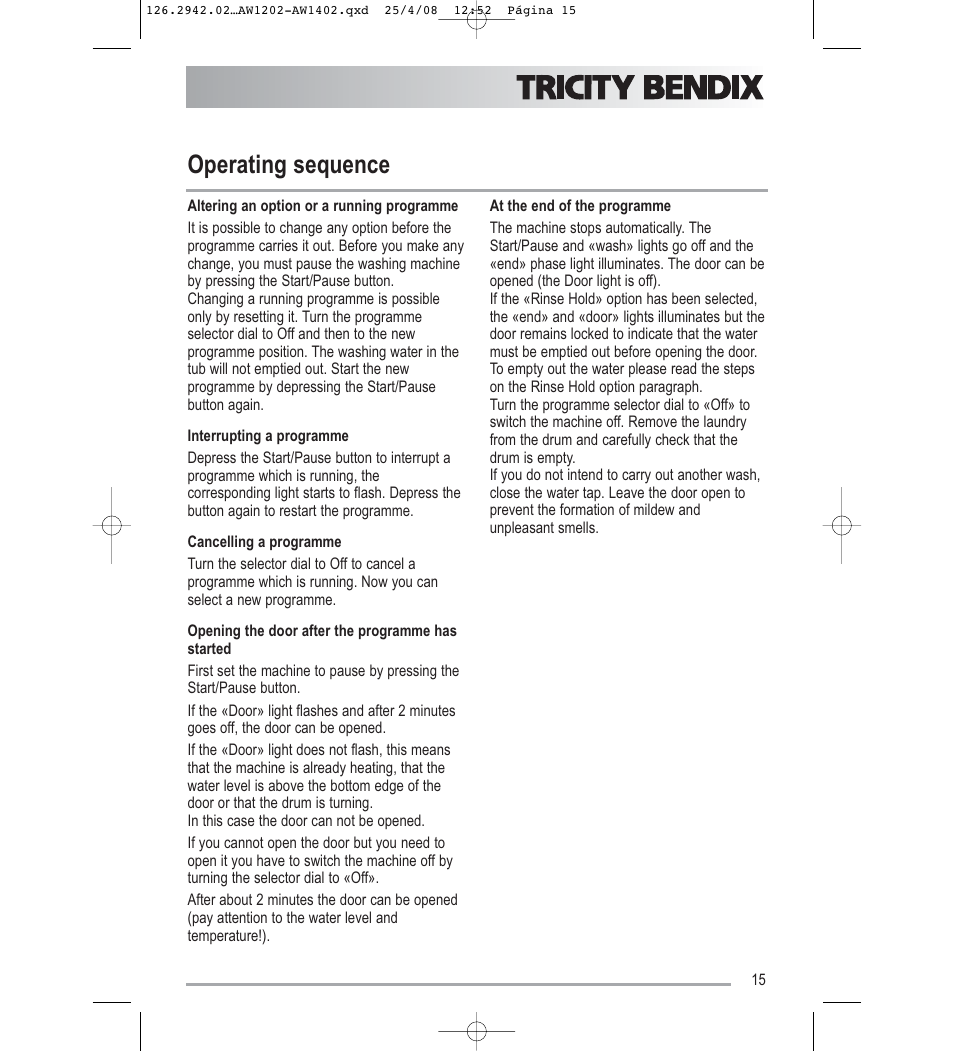 Operating sequence | Tricity Bendix AW1402W User Manual | Page 15 / 32