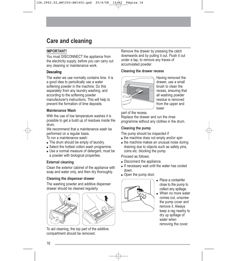 Care and cleaning | Tricity Bendix AW1402W User Manual | Page 16 / 32