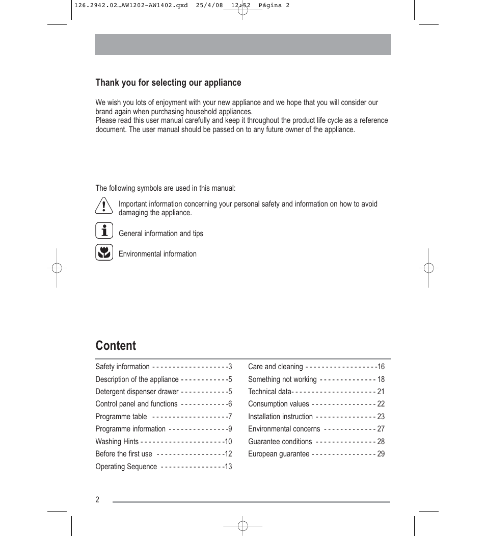 Content | Tricity Bendix AW1402W User Manual | Page 2 / 32