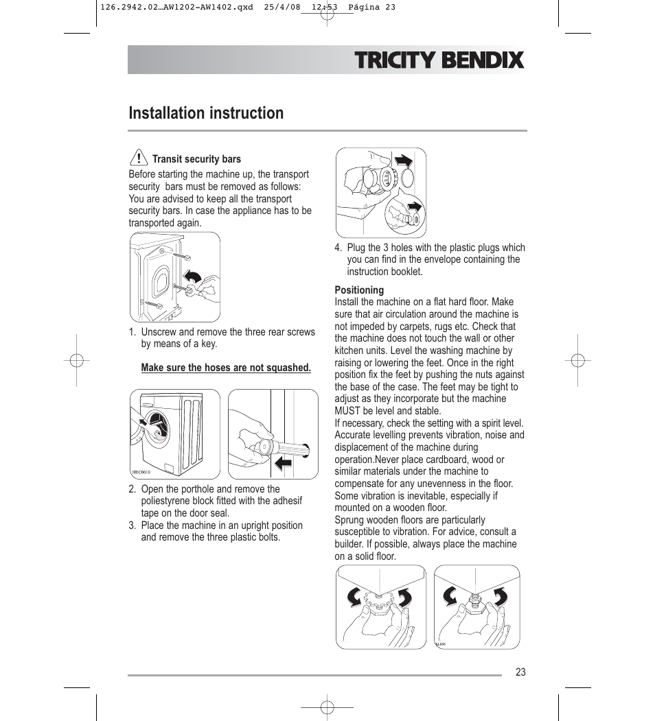 Installation instruction | Tricity Bendix AW1402W User Manual | Page 23 / 32