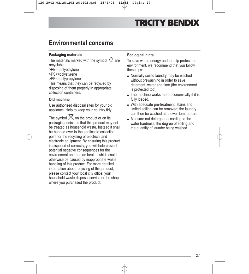Environmental concerns | Tricity Bendix AW1402W User Manual | Page 27 / 32