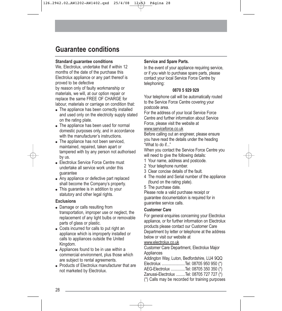Guarantee conditions | Tricity Bendix AW1402W User Manual | Page 28 / 32