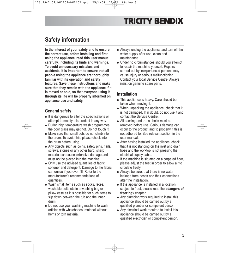 Safety information, General safety, Installation | Tricity Bendix AW1402W User Manual | Page 3 / 32