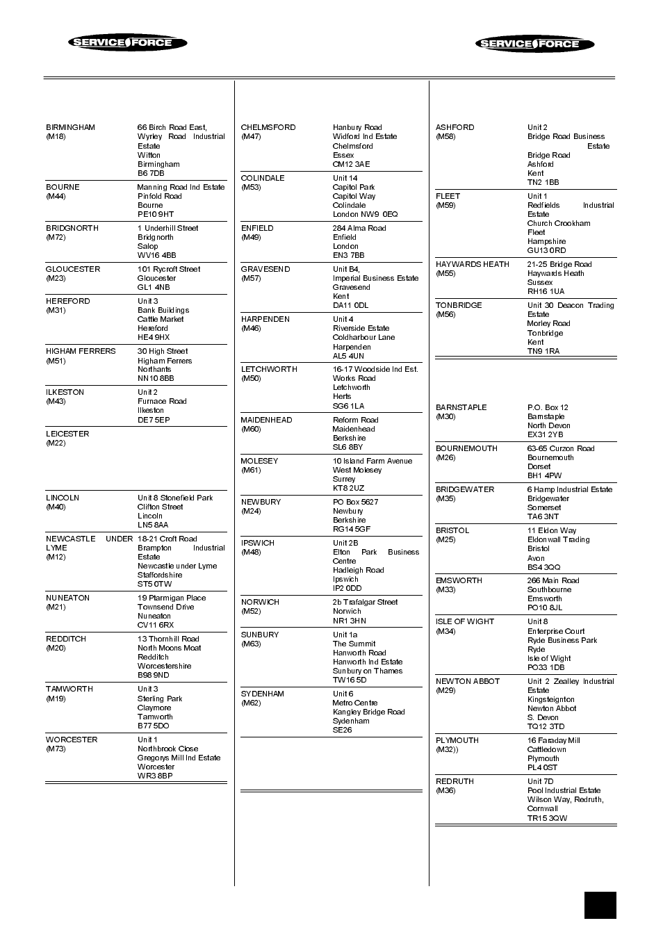 Tricity bendix service force, Midlands, London & east anglia | South east, South west | Tricity Bendix BD 921/2 User Manual | Page 49 / 52