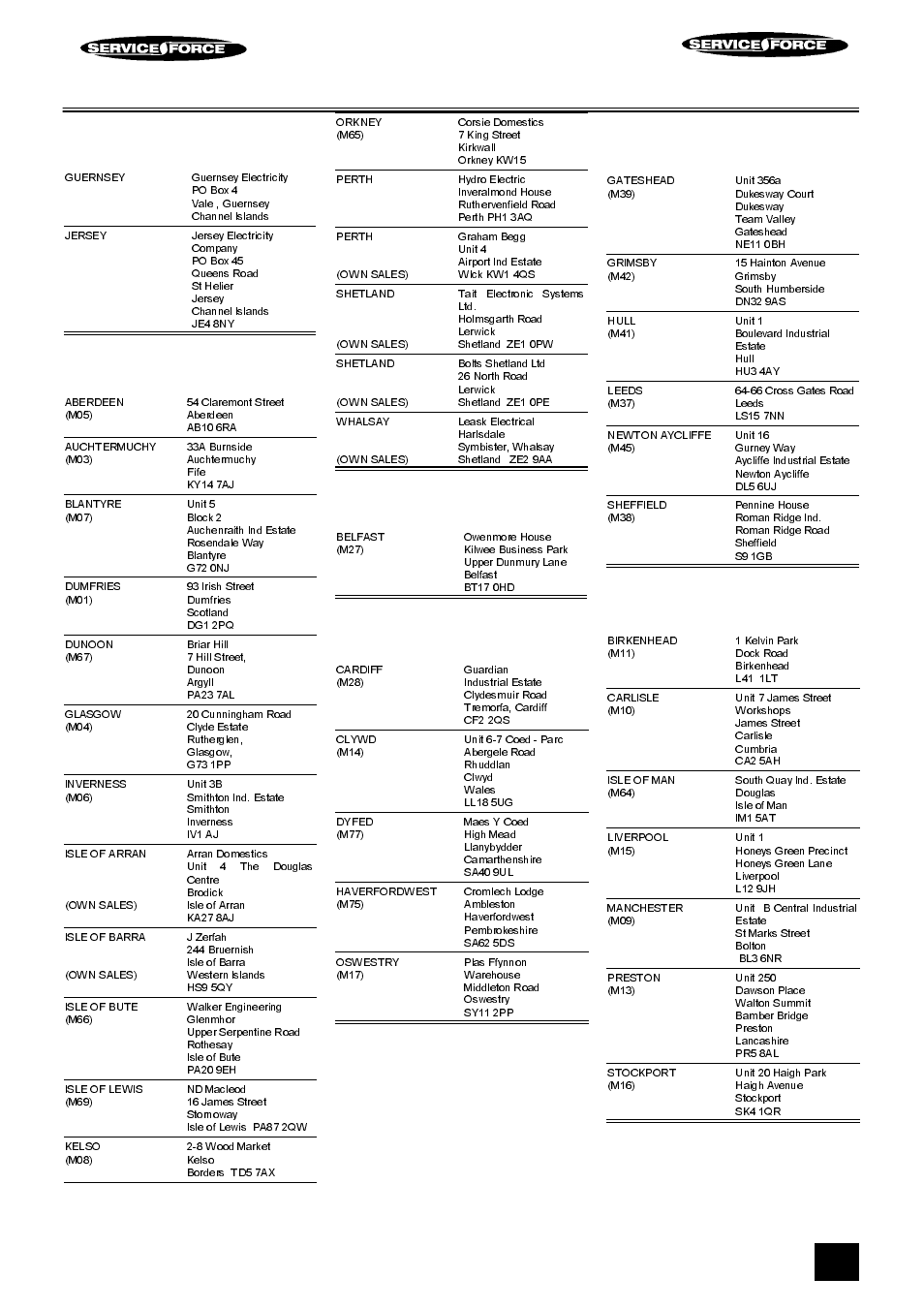 Tricity bendix service force, Channel islands, Scotland | Northern ireland, Wales, North east, North west | Tricity Bendix RE60 SS User Manual | Page 31 / 36