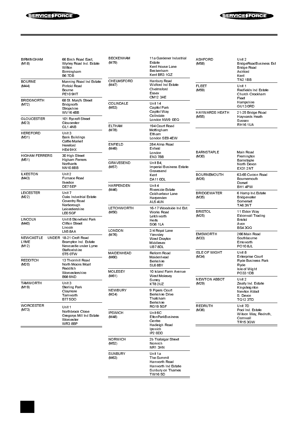 Tricity bendix service force, Midlands, London & east anglia | South east, South west | Tricity Bendix RE60 SS User Manual | Page 32 / 36
