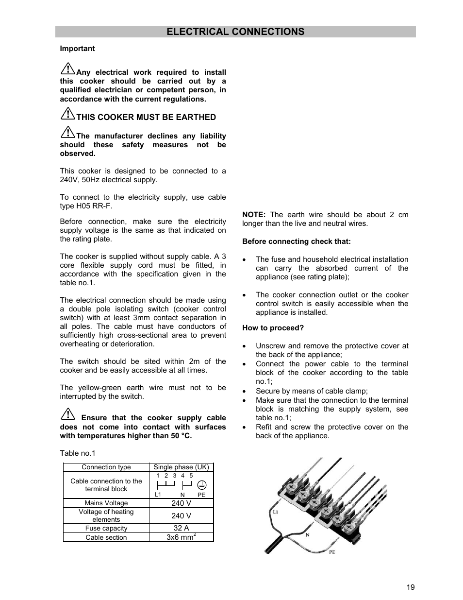 Electrical connections | Tricity Bendix ESC 5061 W GB User Manual | Page 19 / 20