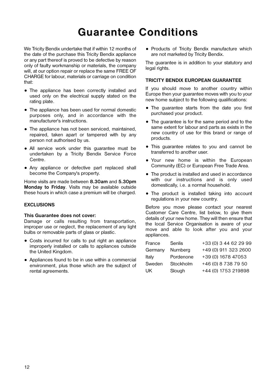 Guar, Guar ant ant ee conditions ee conditions | Tricity Bendix TB 44 UF User Manual | Page 12 / 20