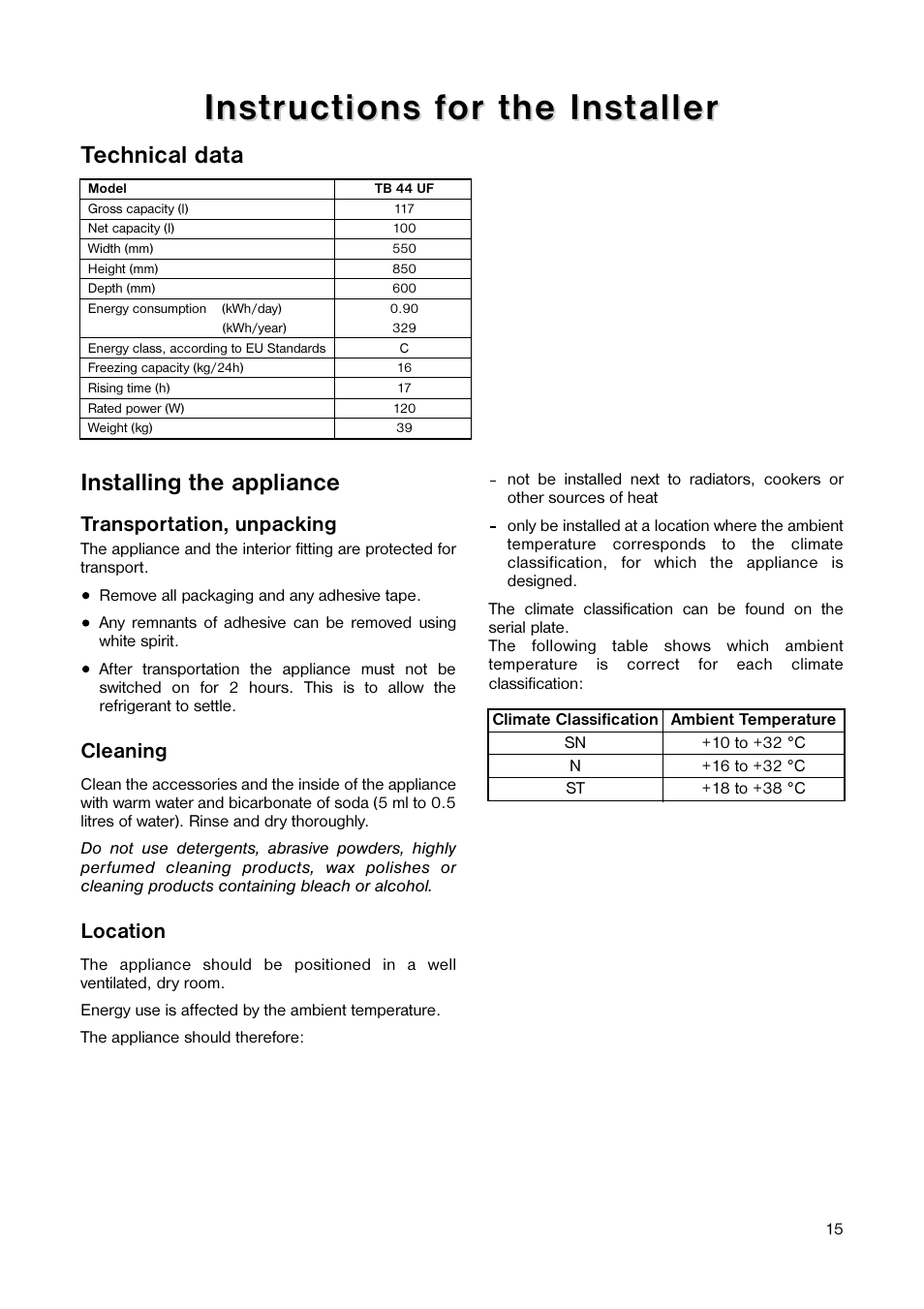 Installing the appliance, Technical data | Tricity Bendix TB 44 UF User Manual | Page 15 / 20