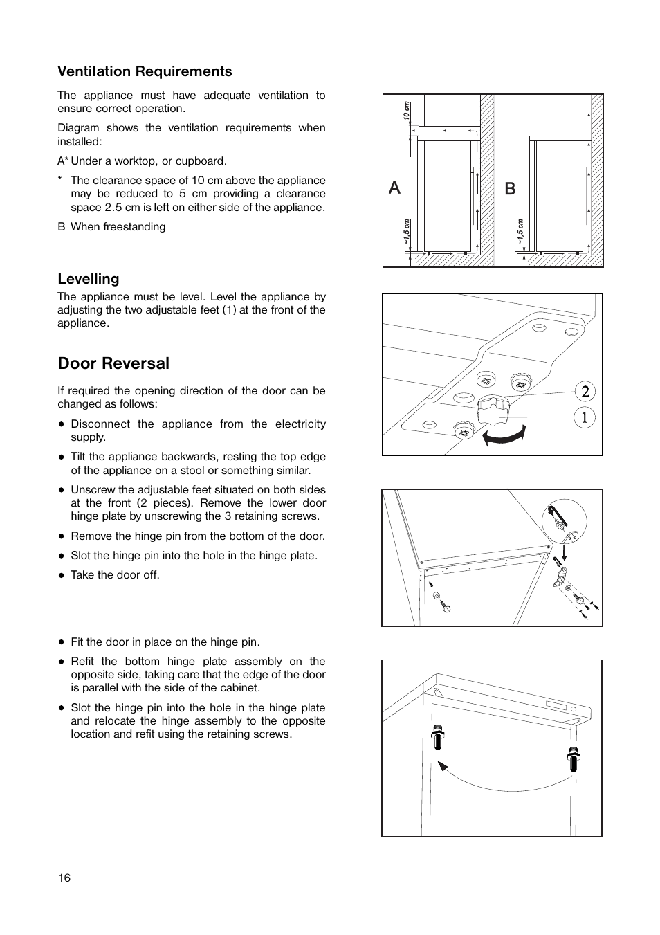 Door reversal, Levelling, Ventilation requirements | Tricity Bendix TB 44 UF User Manual | Page 16 / 20