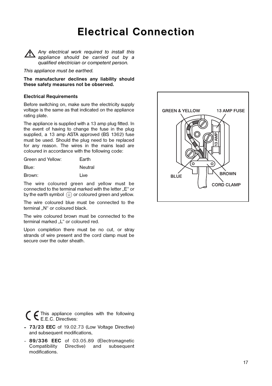 Electrical connection | Tricity Bendix TB 44 UF User Manual | Page 17 / 20