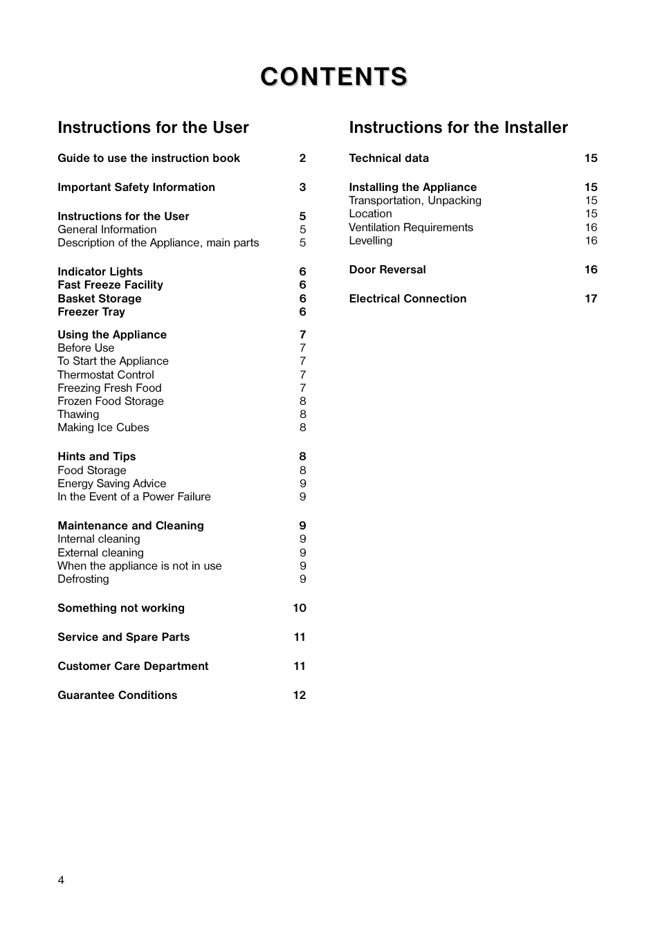 Content, Content s s, Instructions for the user | Instructions for the installer | Tricity Bendix TB 44 UF User Manual | Page 4 / 20