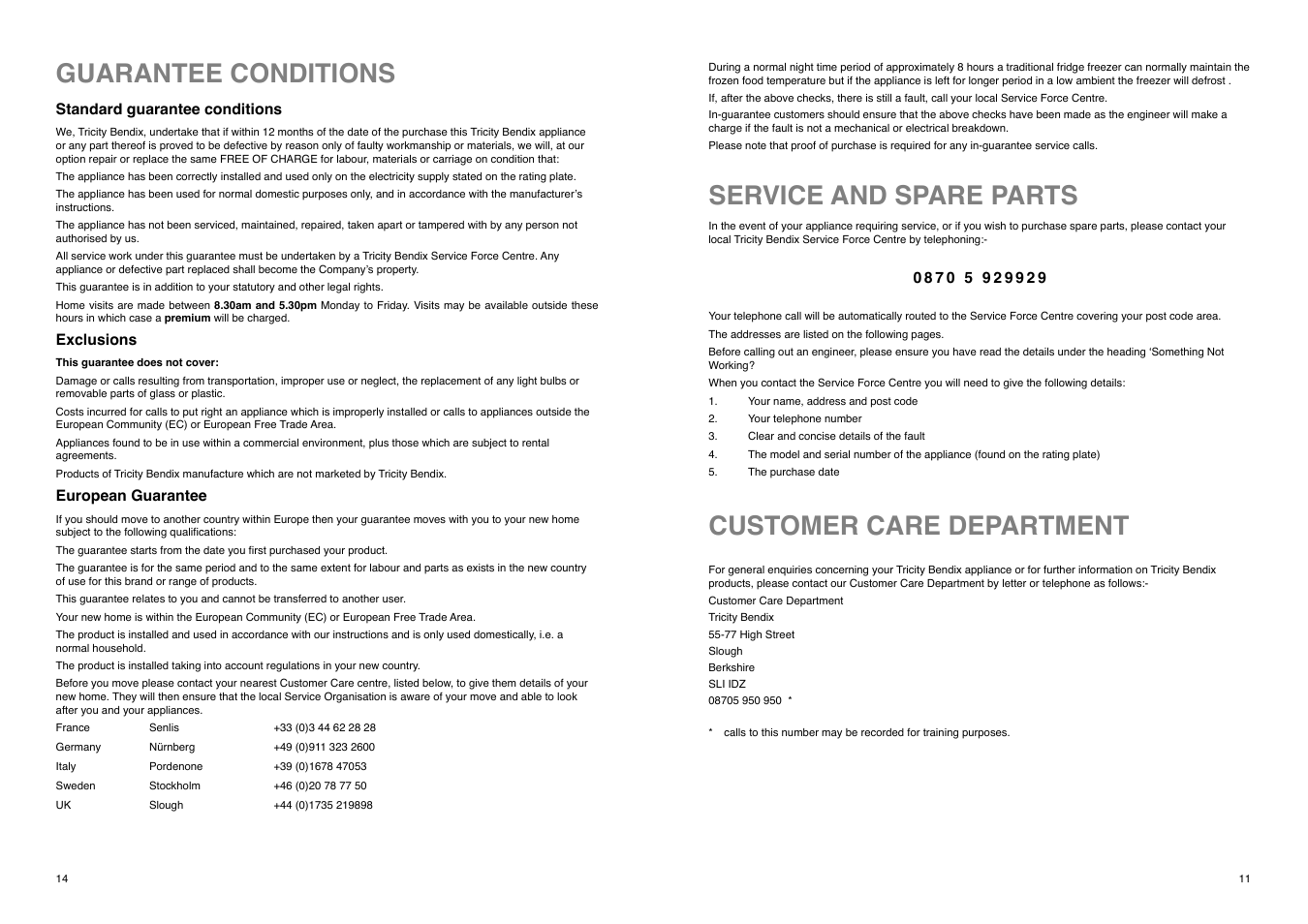 Service and spare parts customer care department, Guarantee conditions | Tricity Bendix TBFF 73 User Manual | Page 11 / 24
