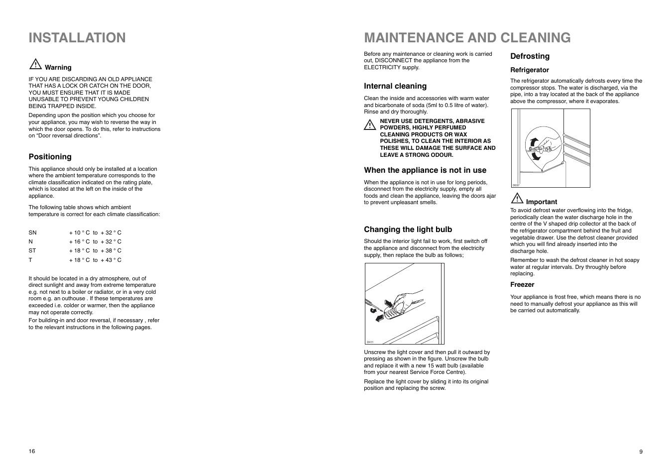 Maintenance and cleaning, Installation | Tricity Bendix TBFF 73 User Manual | Page 16 / 24