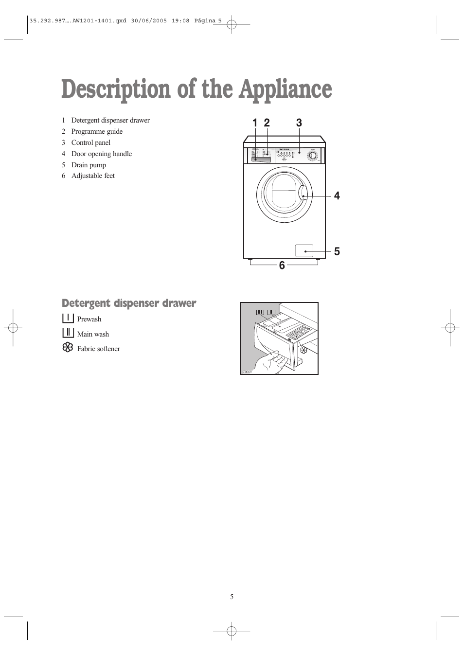Description of the appliance, Detergent dispenser drawer | Tricity Bendix AW 1201 W User Manual | Page 5 / 28