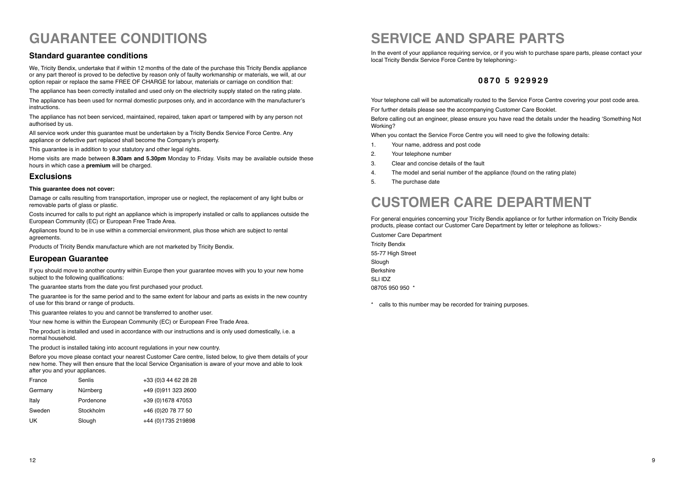 Service and spare parts customer care department, Guarantee conditions | Tricity Bendix TB 80 L User Manual | Page 12 / 20