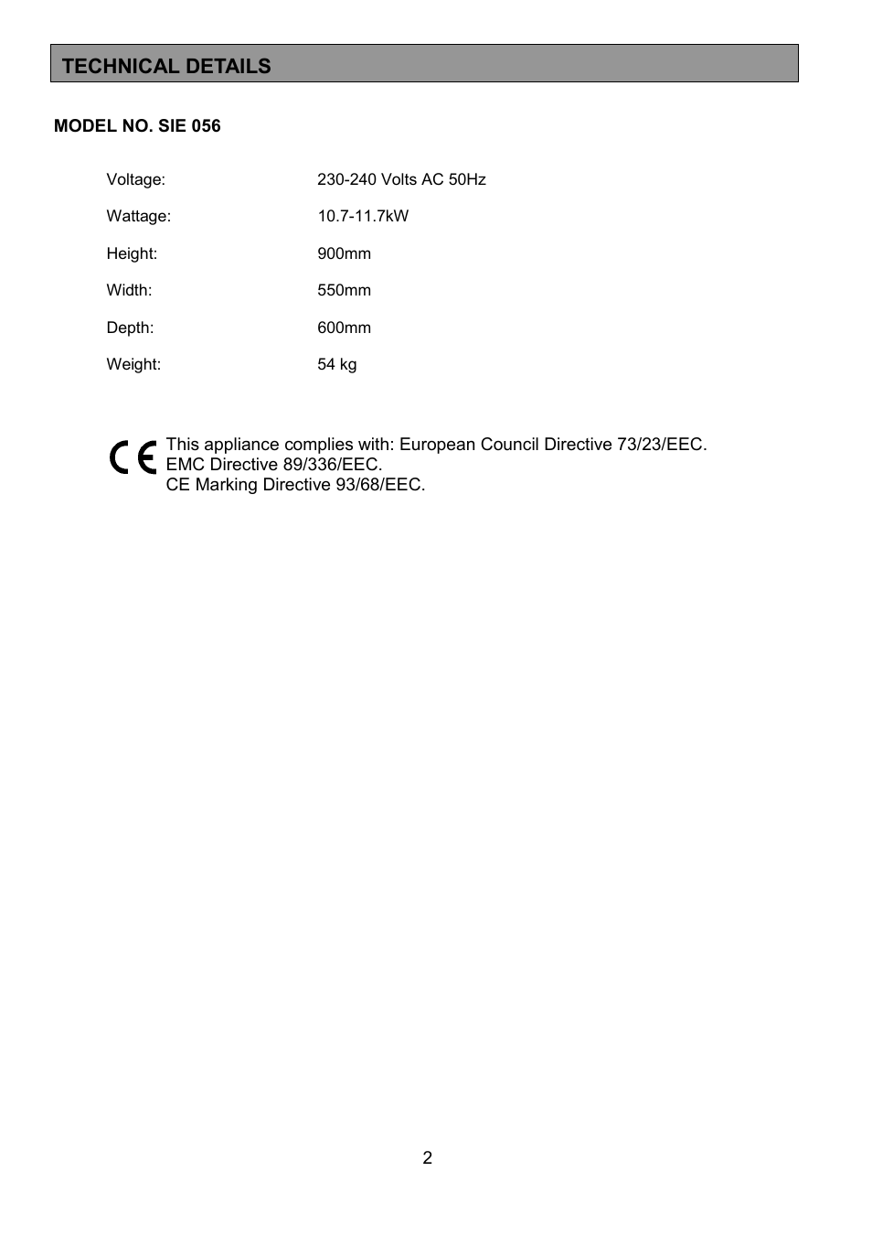 Technical details | Tricity Bendix SIE056 User Manual | Page 2 / 28