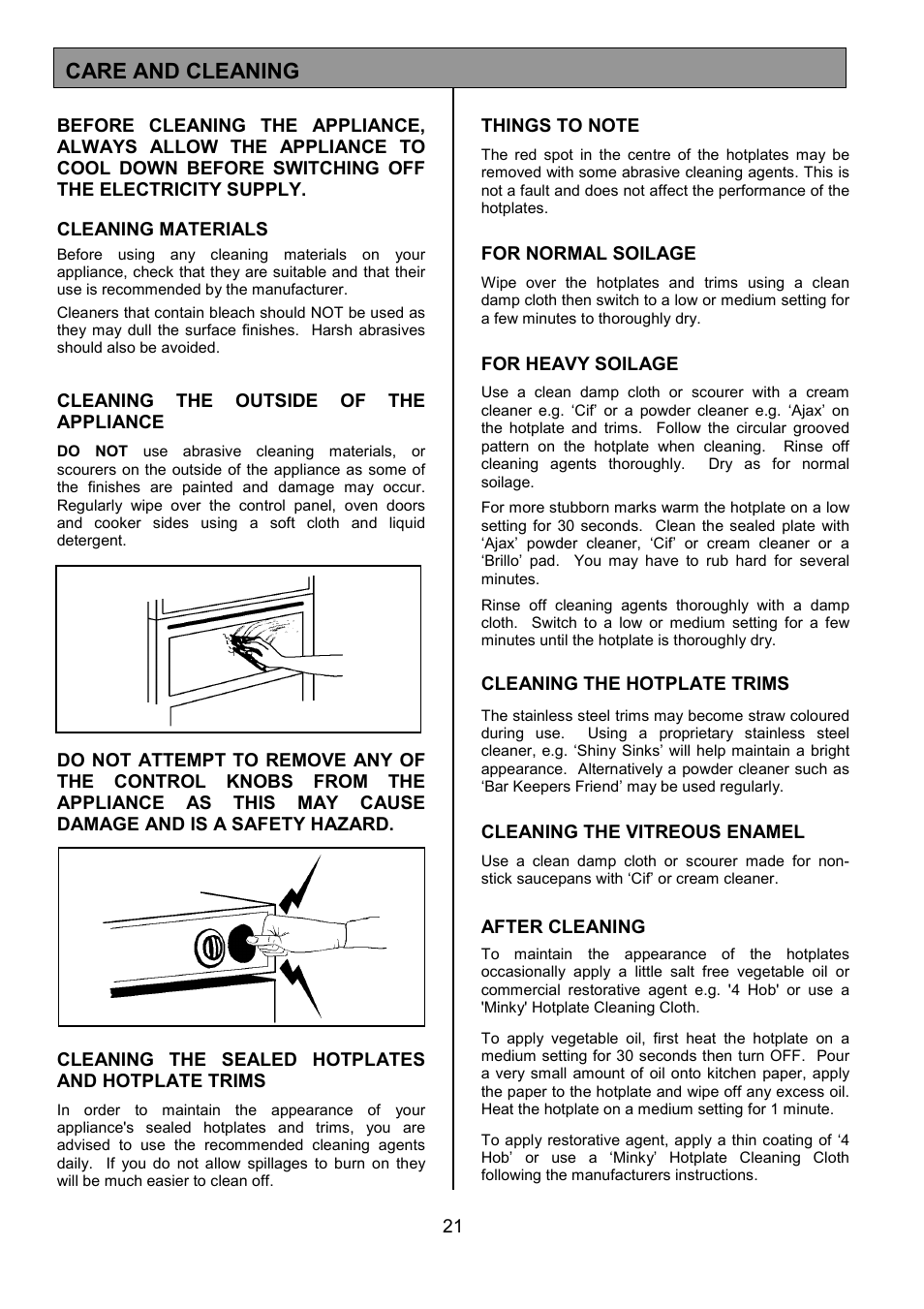 Care and cleaning | Tricity Bendix SIE056 User Manual | Page 21 / 28