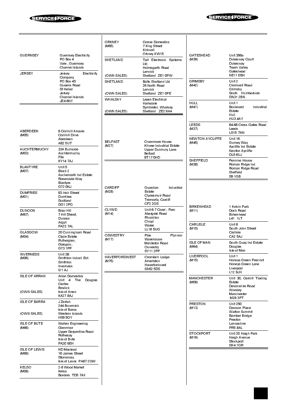 Tricity bendix service force, Channel islands, Scotland | Northern ireland, Wales, North east, North west | Tricity Bendix CSI 3302 User Manual | Page 25 / 28