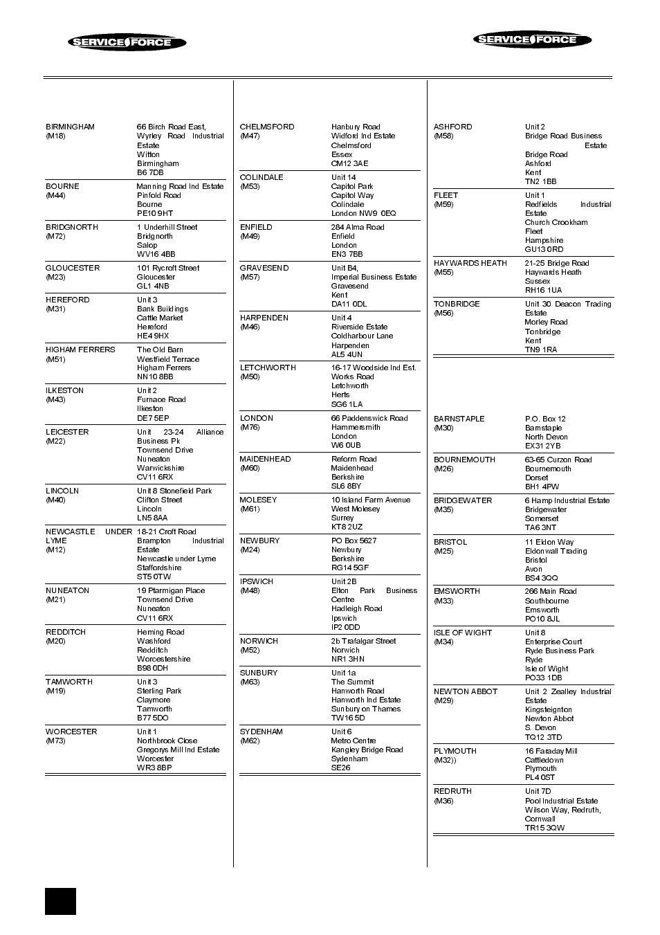 Tricity bendix service force, Midlands, London & east anglia | South east, South west | Tricity Bendix CSI 3302 User Manual | Page 26 / 28