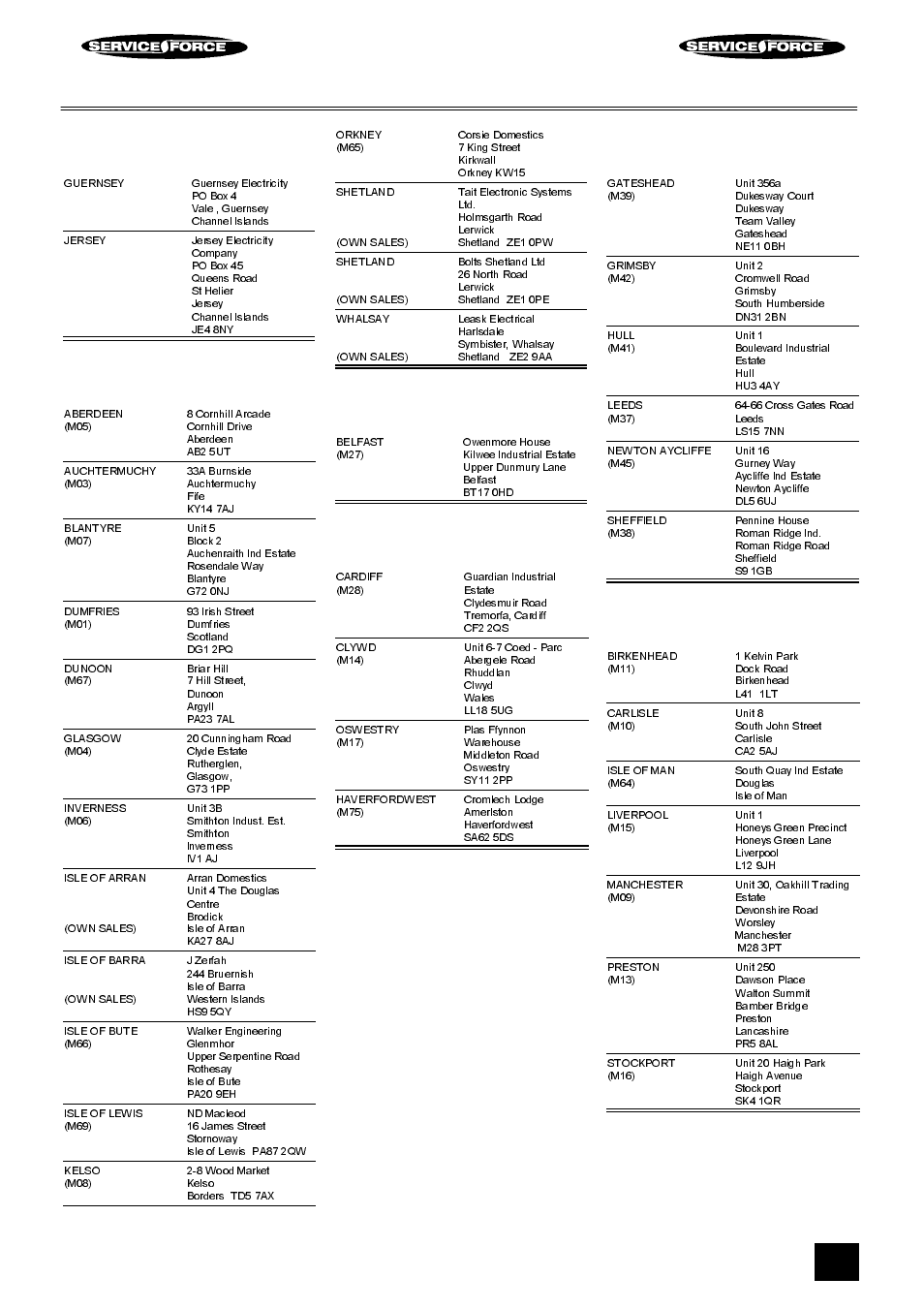 Tricity bendix service force, Channel islands, Scotland | Northern ireland, Wales, North east, North west | Tricity Bendix FD106W User Manual | Page 15 / 24