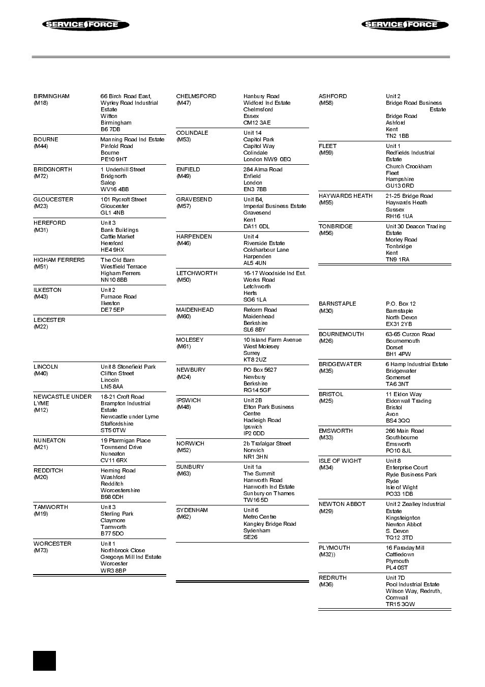 Tricity bendix service force, Midlands, London & east anglia | South east, South west | Tricity Bendix FD106W User Manual | Page 16 / 24