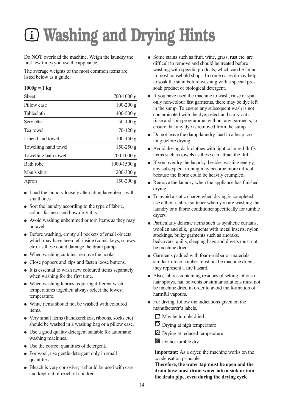 Washing and drying hints | Tricity Bendix TBWD 1210 User Manual | Page 14 / 32