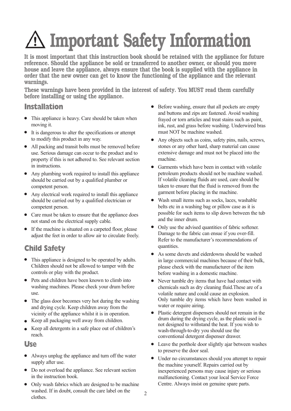 Important safety information, Installation, Child safety | Tricity Bendix TBWD 1210 User Manual | Page 2 / 32