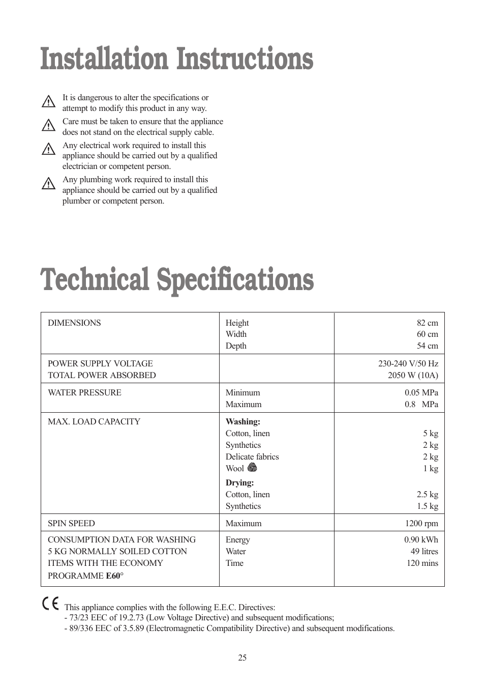 Installation instructions technical specifications | Tricity Bendix TBWD 1210 User Manual | Page 25 / 32