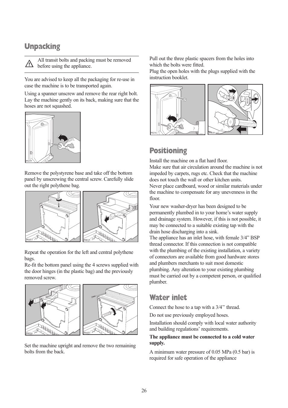 Unpacking, Positioning, Water inlet | Tricity Bendix TBWD 1210 User Manual | Page 26 / 32