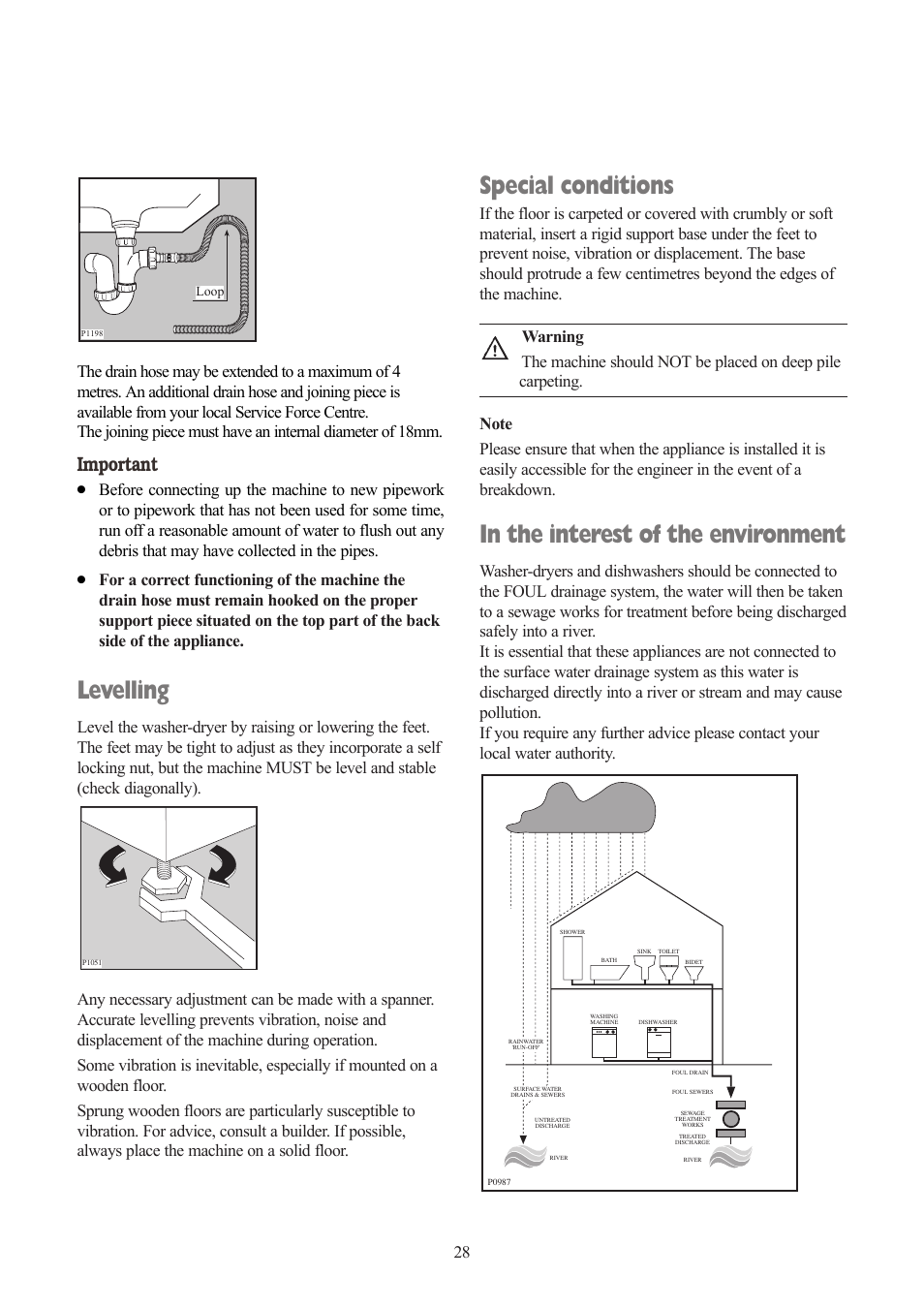 Special conditions, Levelling, Important | Tricity Bendix TBWD 1210 User Manual | Page 28 / 32