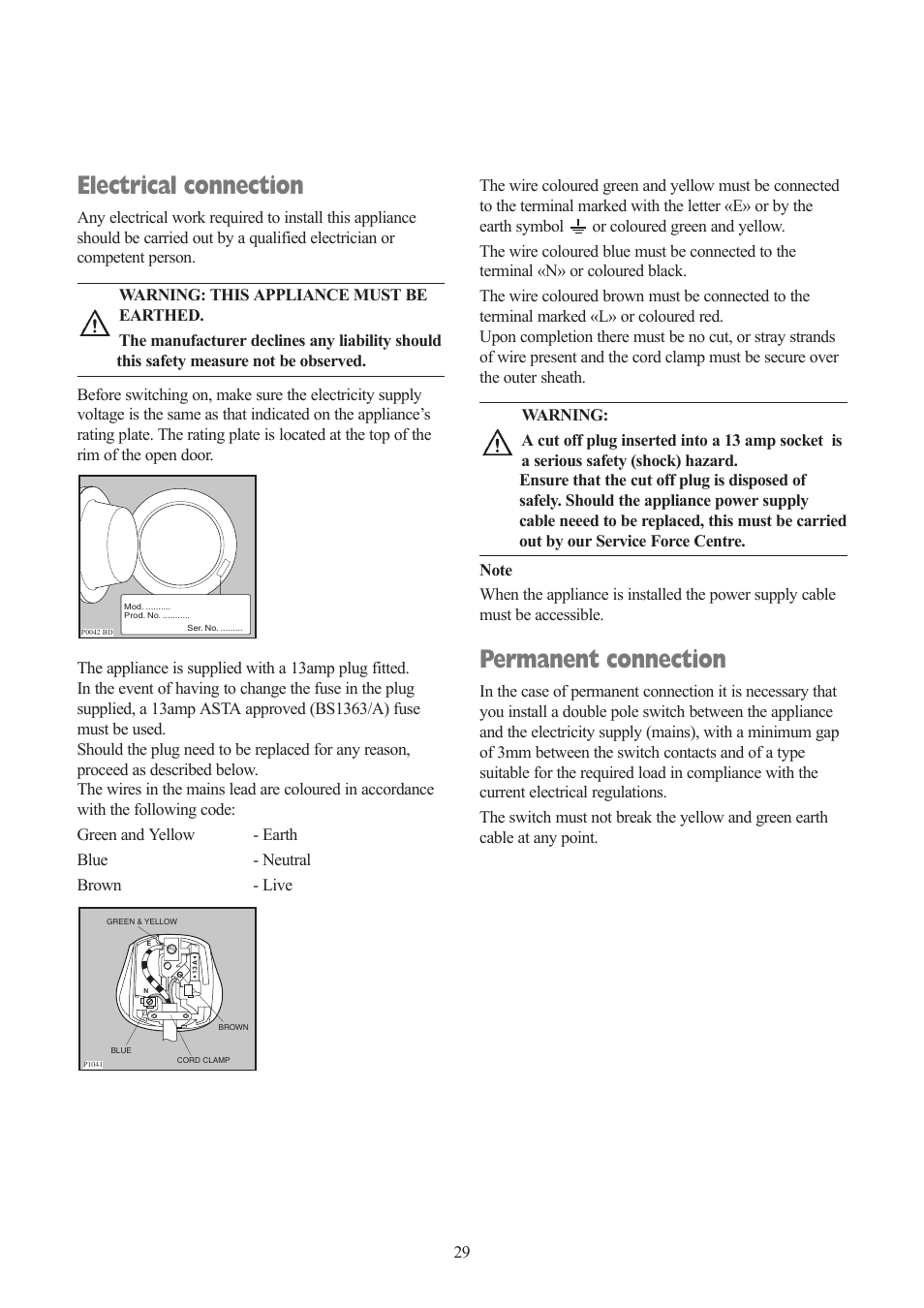 Electrical connection, Permanent connection | Tricity Bendix TBWD 1210 User Manual | Page 29 / 32