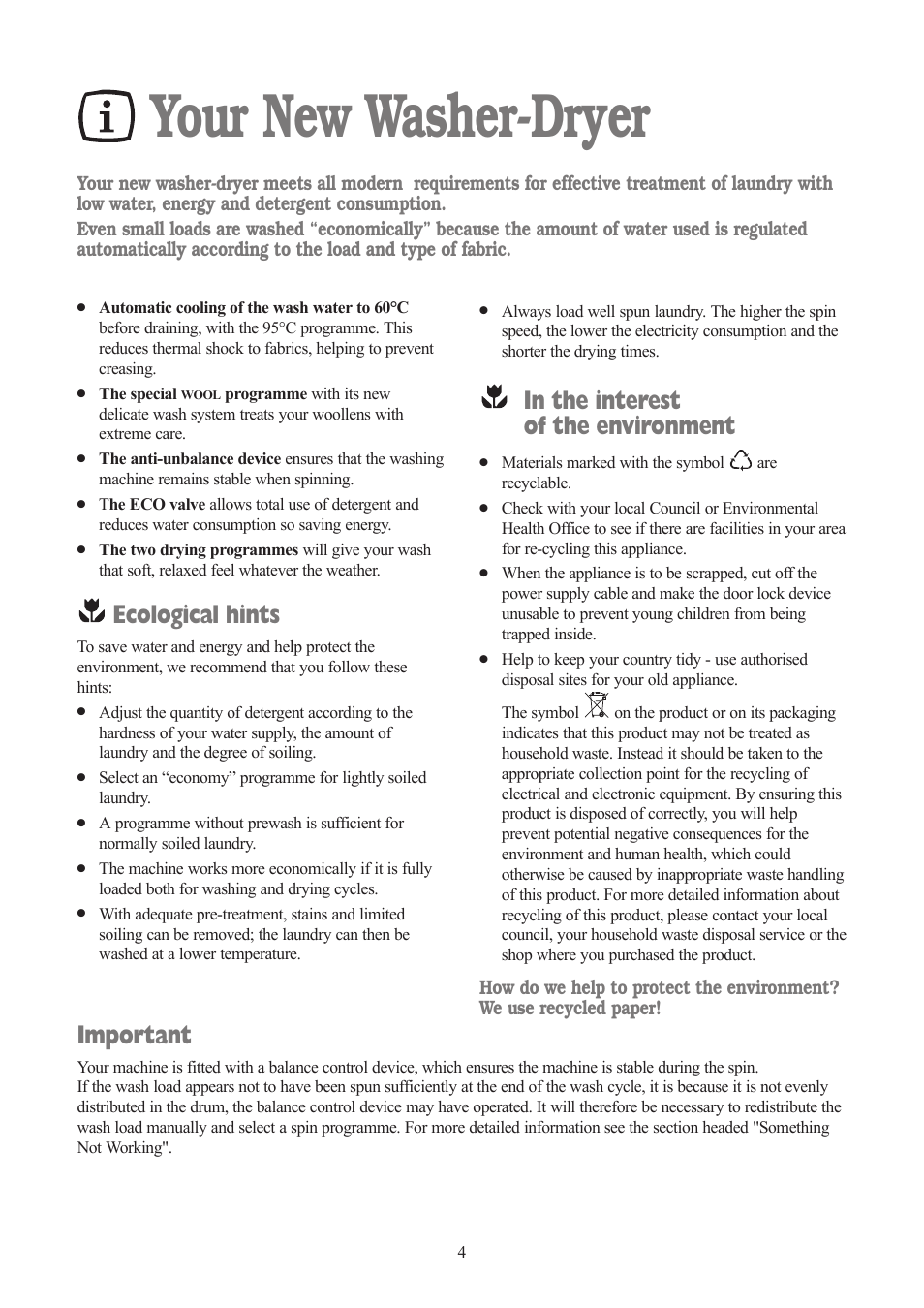 Your new washer-dryer, Ecological hints, Important | Tricity Bendix TBWD 1210 User Manual | Page 4 / 32