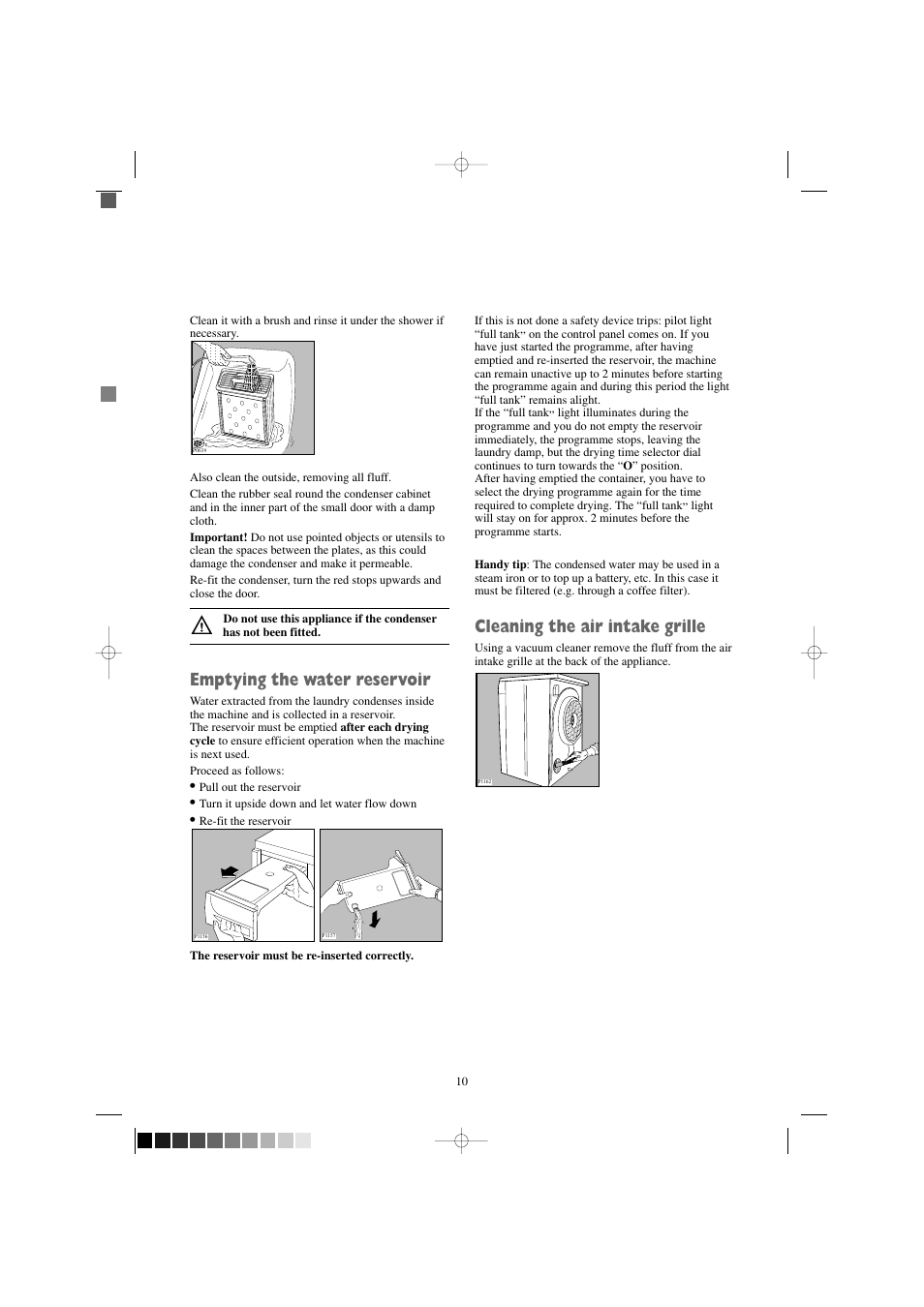 Emptying the water reservoir, Cleaning the air intake grille | Tricity Bendix TM 310 W User Manual | Page 10 / 16