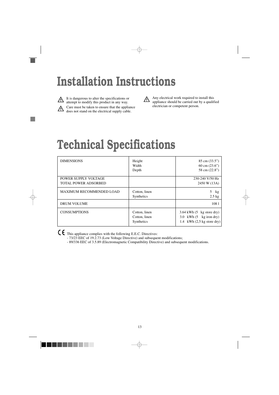 Installation instructions technical specifications | Tricity Bendix TM 310 W User Manual | Page 13 / 16