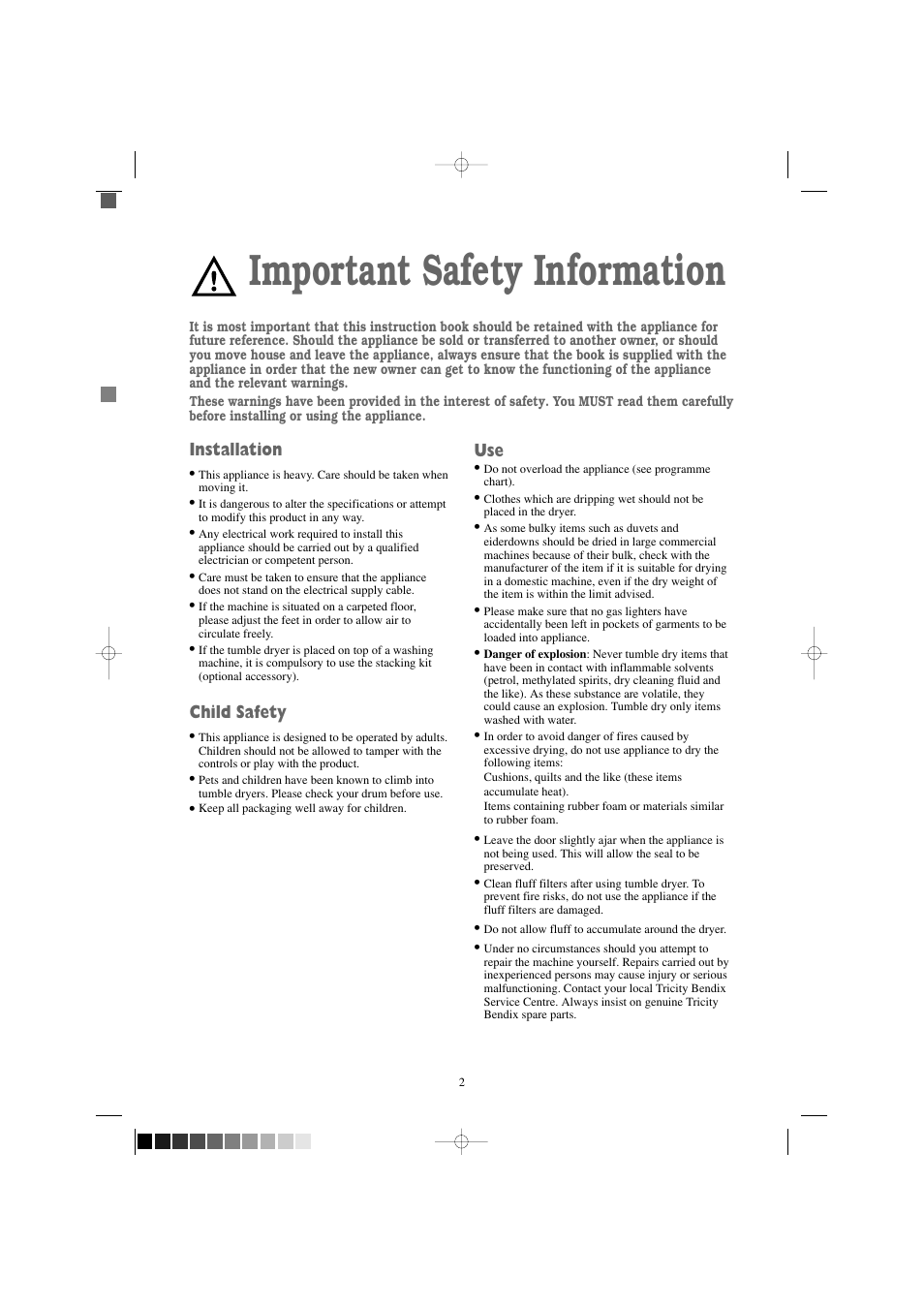 Important safety information, Installation, Child safety | Tricity Bendix TM 310 W User Manual | Page 2 / 16