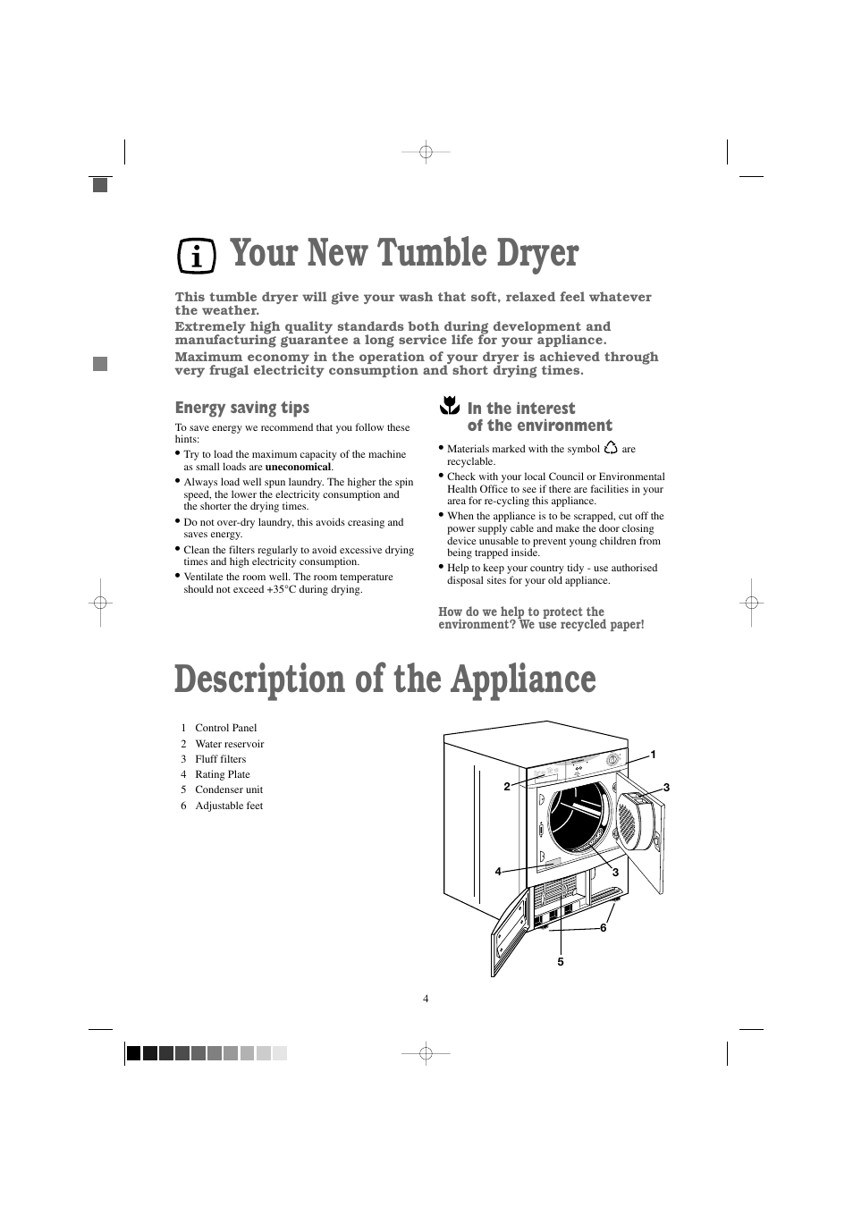 Description of the appliance, Your new tumble dryer, Energy saving tips | Tricity Bendix TM 310 W User Manual | Page 4 / 16