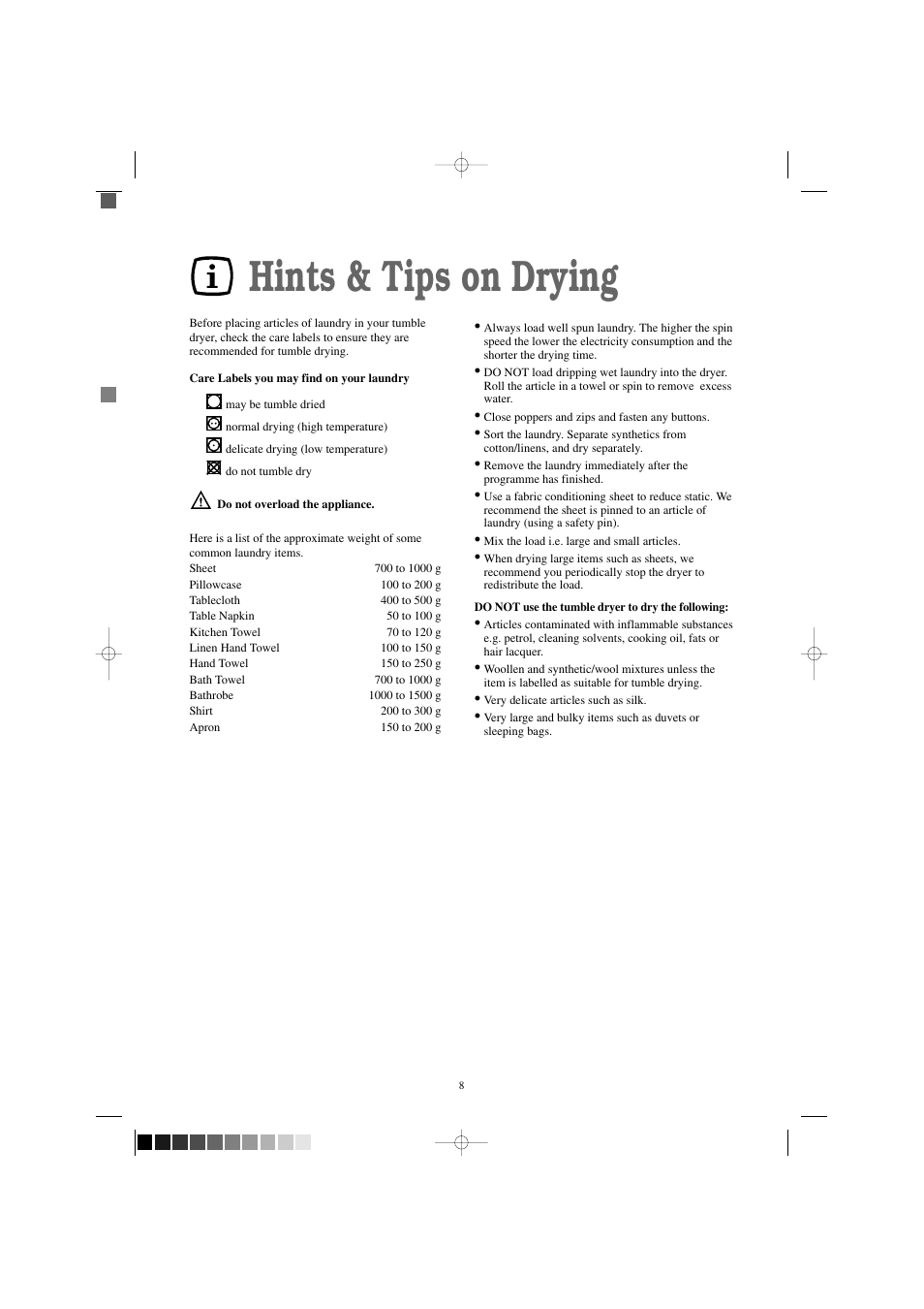 Hints & tips on drying | Tricity Bendix TM 310 W User Manual | Page 8 / 16