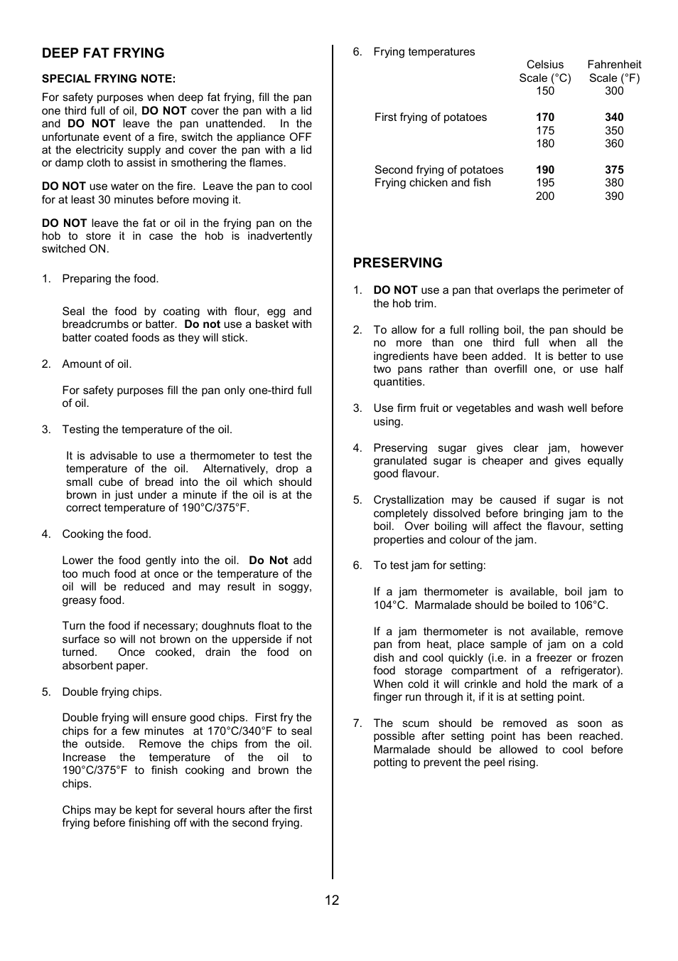 12 deep fat frying, Preserving | Tricity Bendix SIE 252 User Manual | Page 12 / 28